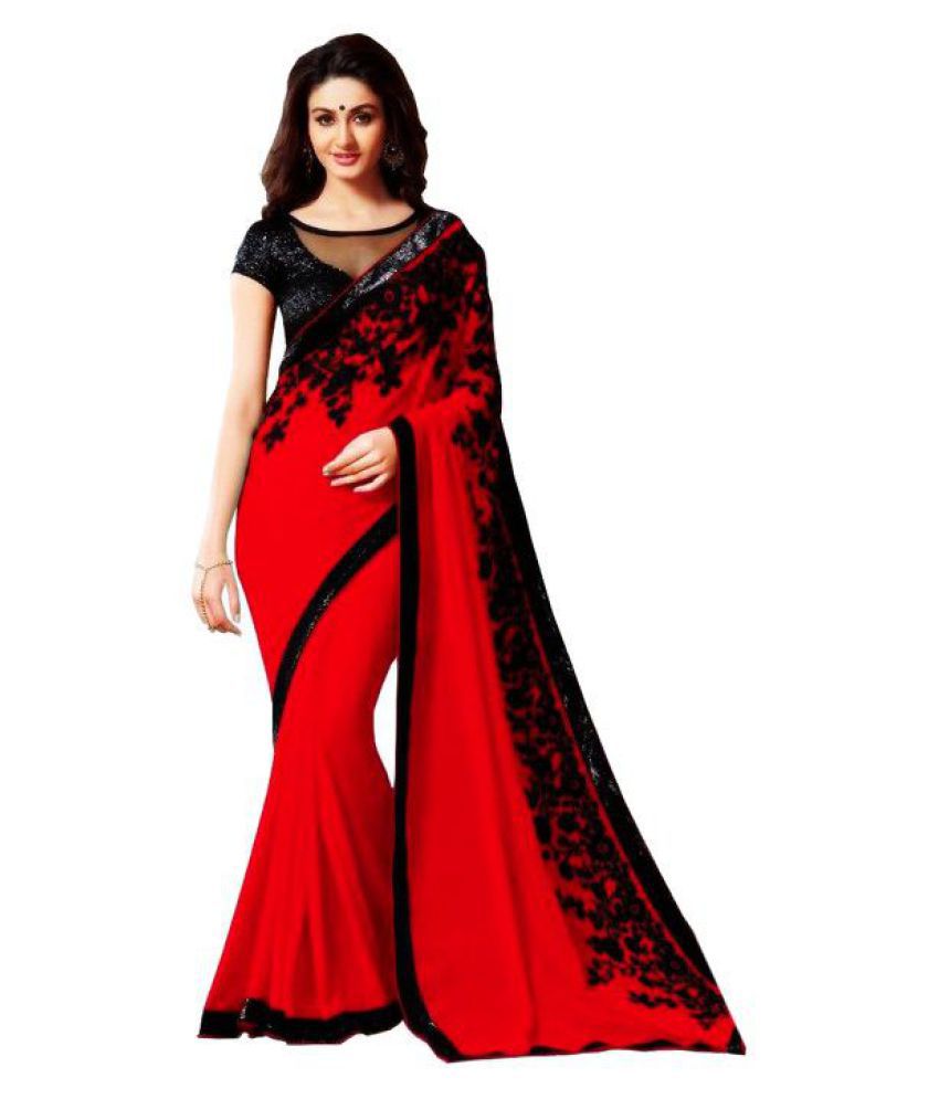 Av Fashion Red And Black Chiffon Saree Buy Av Fashion Red And Black
