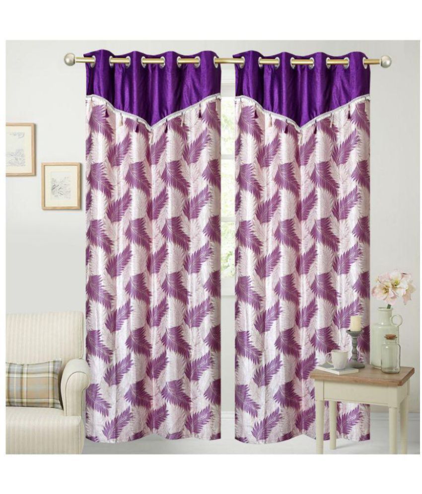     			Tanishka Fabs Floral Semi-Transparent Eyelet Door Curtain 7 ft Pack of 2 -Purple