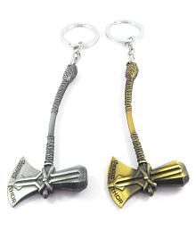 Axe Avengers Infinity War 3 Thor Stormbreaker Hammer Antique Silver &amp; Gold Metal Keychain(Set Of 2)
