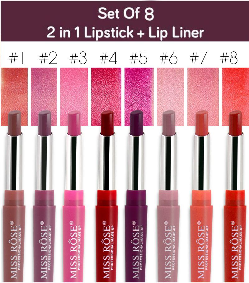 Miss Rose Creme Lipstick & Lipliner Matte 2in1 Set Of 8 - 3 gm