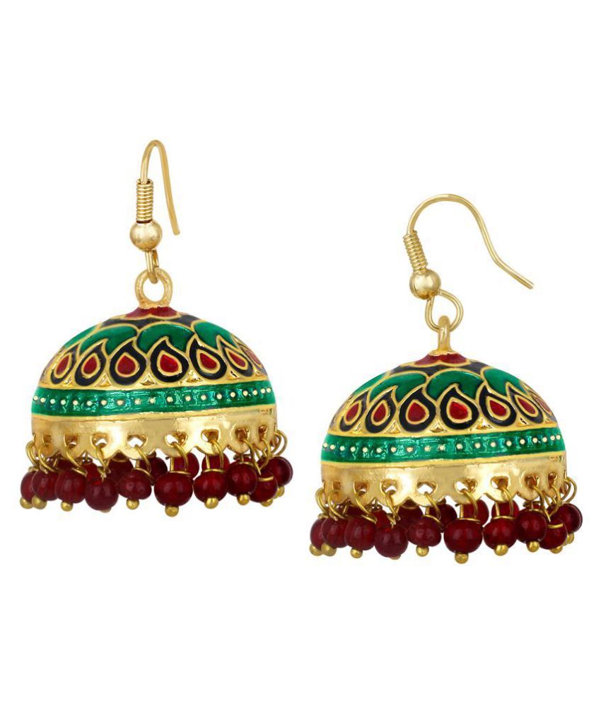     			Spargz Festival Special Enamel Dome Shaped Green Meenakari Worked Gold Plated Beads Fish Hook Jhumki Earring For Women AIER_1219