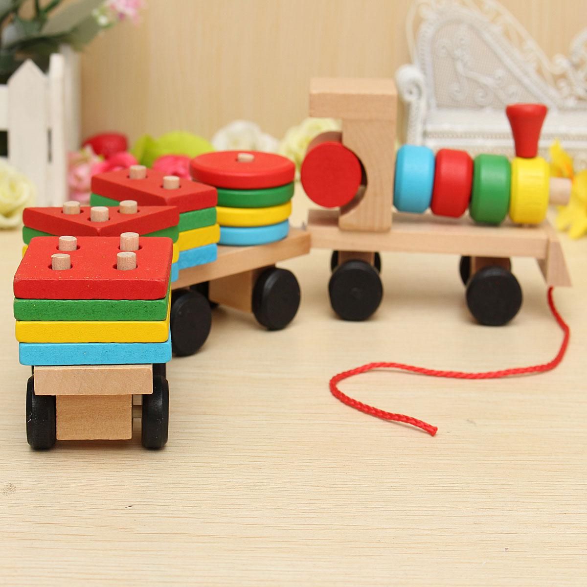 Toy Fun Vehicle Block Board Game Toy Toddler Baby Wooden Stacking Train Block