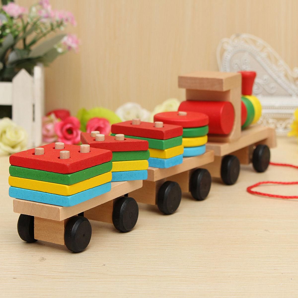 Toy Fun Vehicle Block Board Game Toy Toddler Baby Wooden Stacking Train Block
