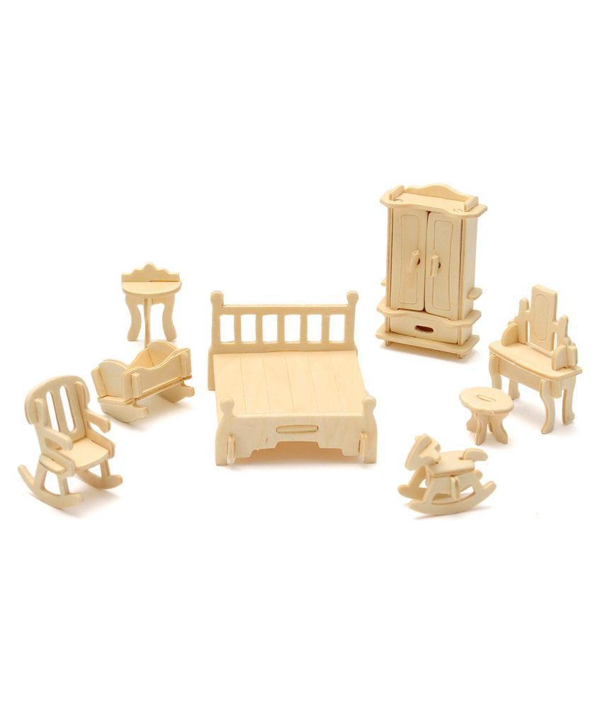 34Pcs 3D DIY Wooden Miniature Dollhouse Furniture Model Children Kids Play Toys 