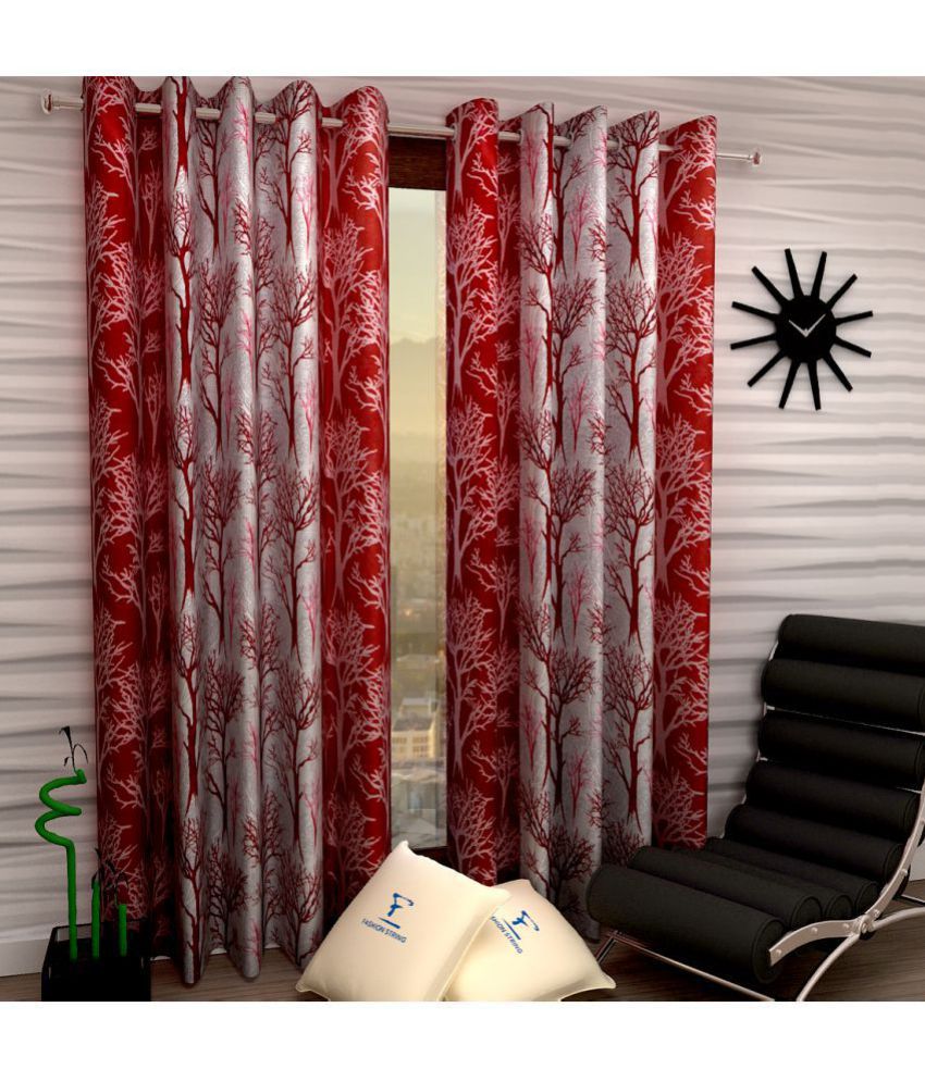 Fashion String Set of 2 Door Semi-Transparent Eyelet Polyester Curtains Maroon