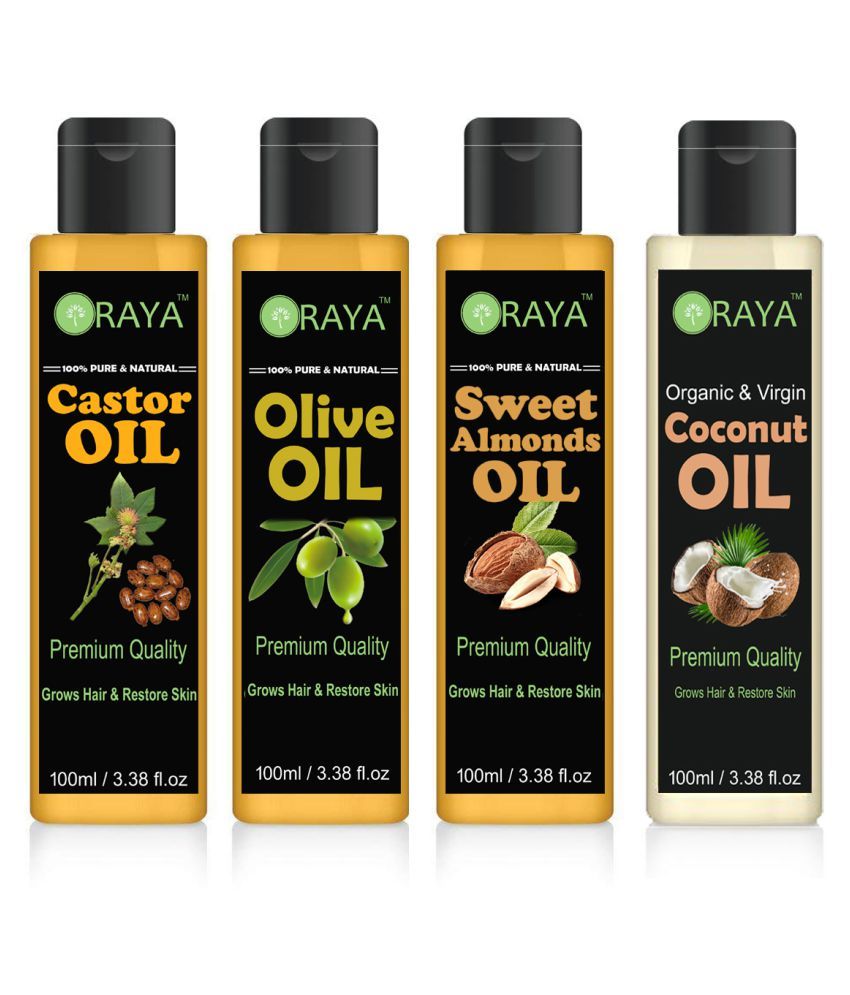     			ORAYA 100% Pure & Natural Castor+Olive+Almond +Virgin Cocount Oil- 400 ml Pack of 4