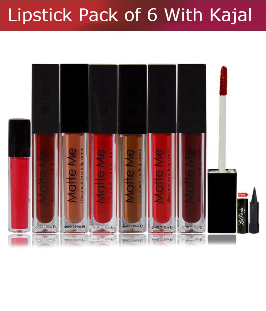 ADS PRO True Matte Nude Shade  Lipstick Pack 6 With Kajal-D Multicolour 6 ml