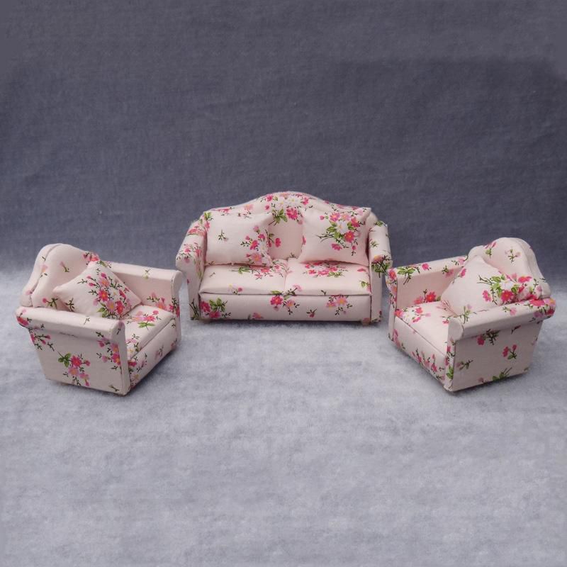 Details about    Dollhouse Miniature Living Room Furniture Set 3pcs two Armchairs one Couch 