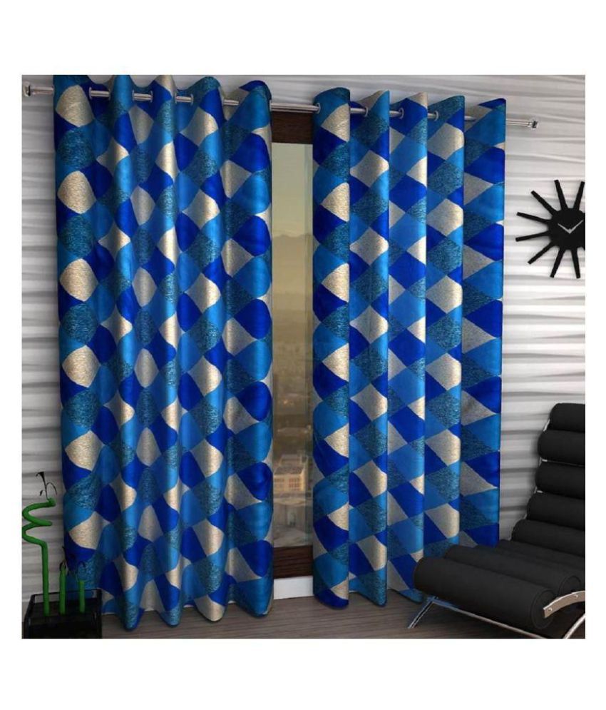     			Phyto Home Checks Semi-Transparent Eyelet Long Door Curtain 9 ft Pack of 4 -Blue