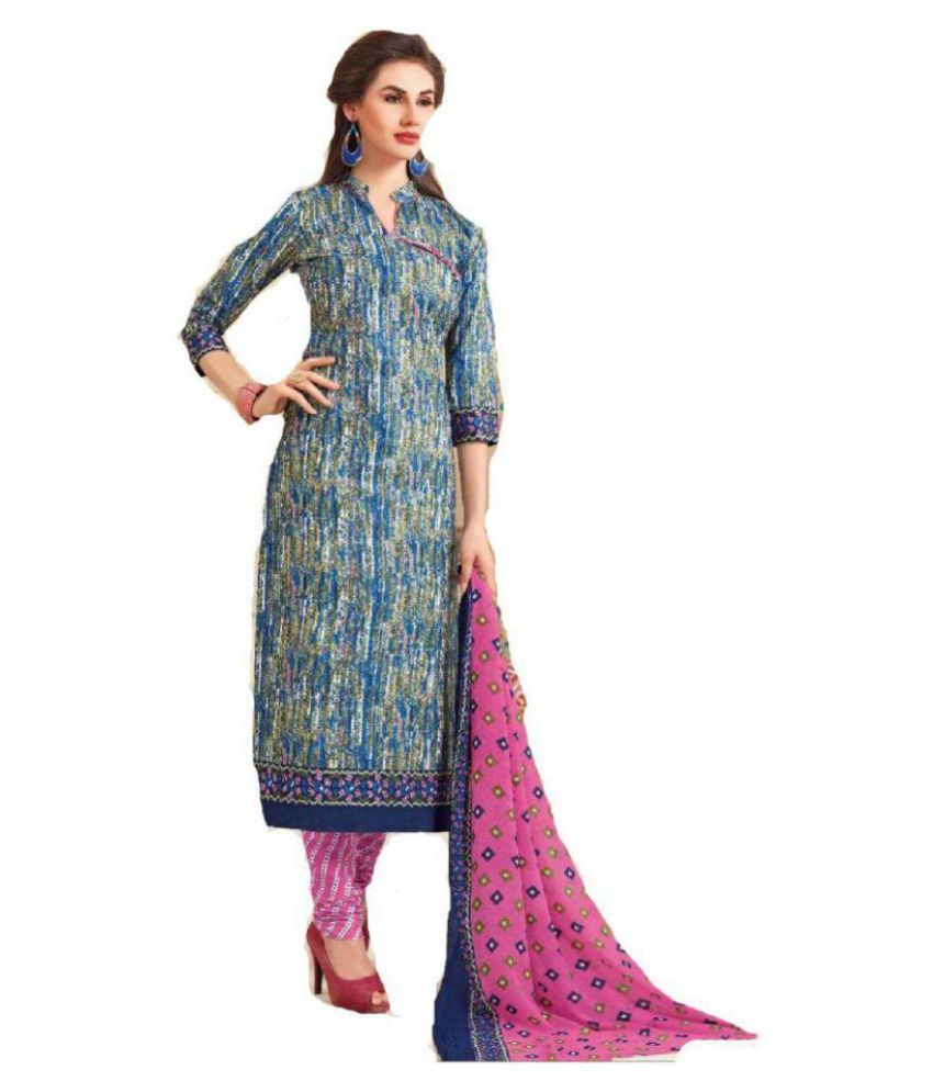 Pankhudi Creation Blue and Grey Cotton Dress Material - Buy Pankhudi ...