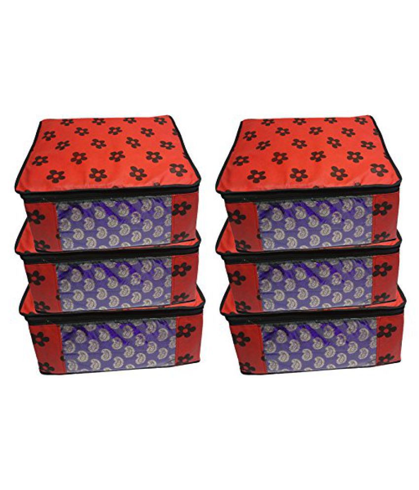     			PrettyKrafts Saree Cover Set of 6 Large Flower Prints/Wardrobe Organiser/Clothes Bag_Red