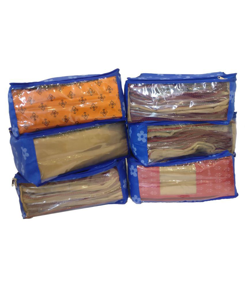     			PrettyKrafts Saree Cover Set of 6 Large Flower Prints/Wardrobe Organiser/Clothes Bag_Blue