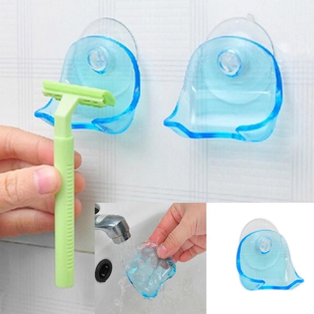 Clear Blue Plastic Super Suction Cup Razor Rack Bathroom Razor Holder