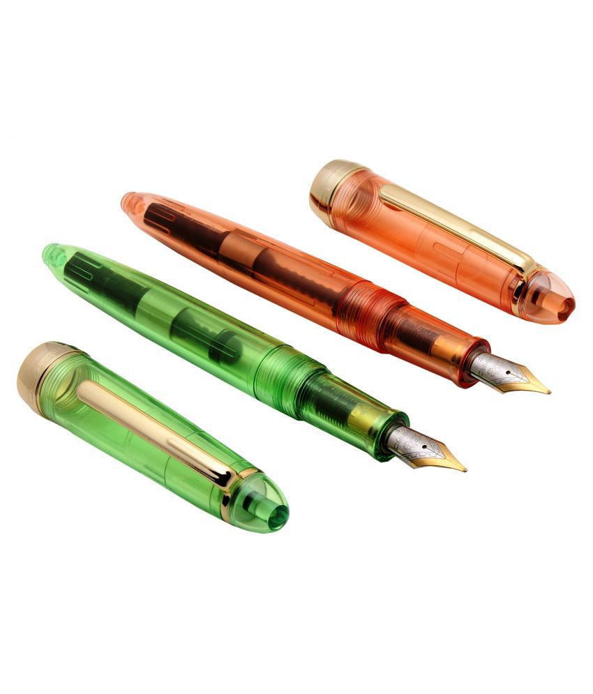     			Set Of 2 - Jinhao 992 Justice Fountain Pens Transparent Saffron Orange & Apple Green With Golden Trims Dual Tone Fine Nib