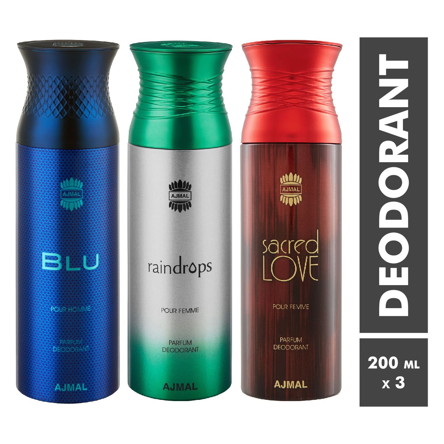     			Ajmal Blu & Raindrops & Sacred Love Deodorant Spray For Men & Women 200ml each (Pack of 3, 600ml)