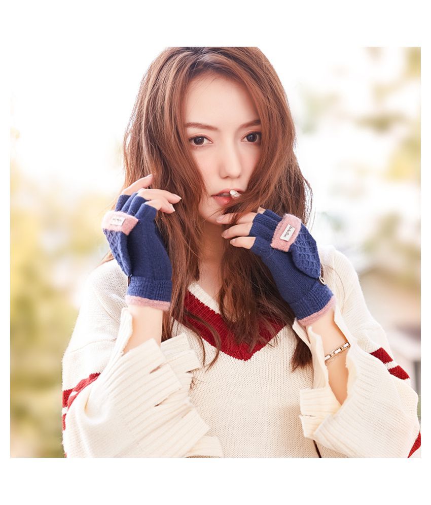 Kids Winter Gloves Half Finger Knitted Flip Mittens Suitable For