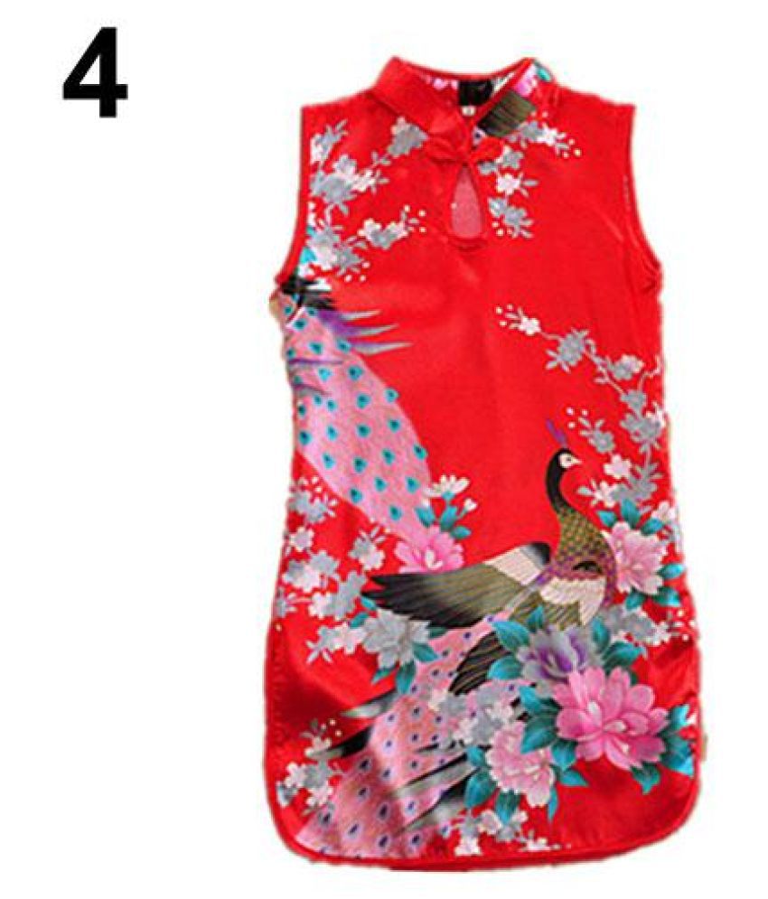Kids Girls Chinese Cheongsam Floral Peacock Lapel Sleeveless Summer Dress Cr HN 