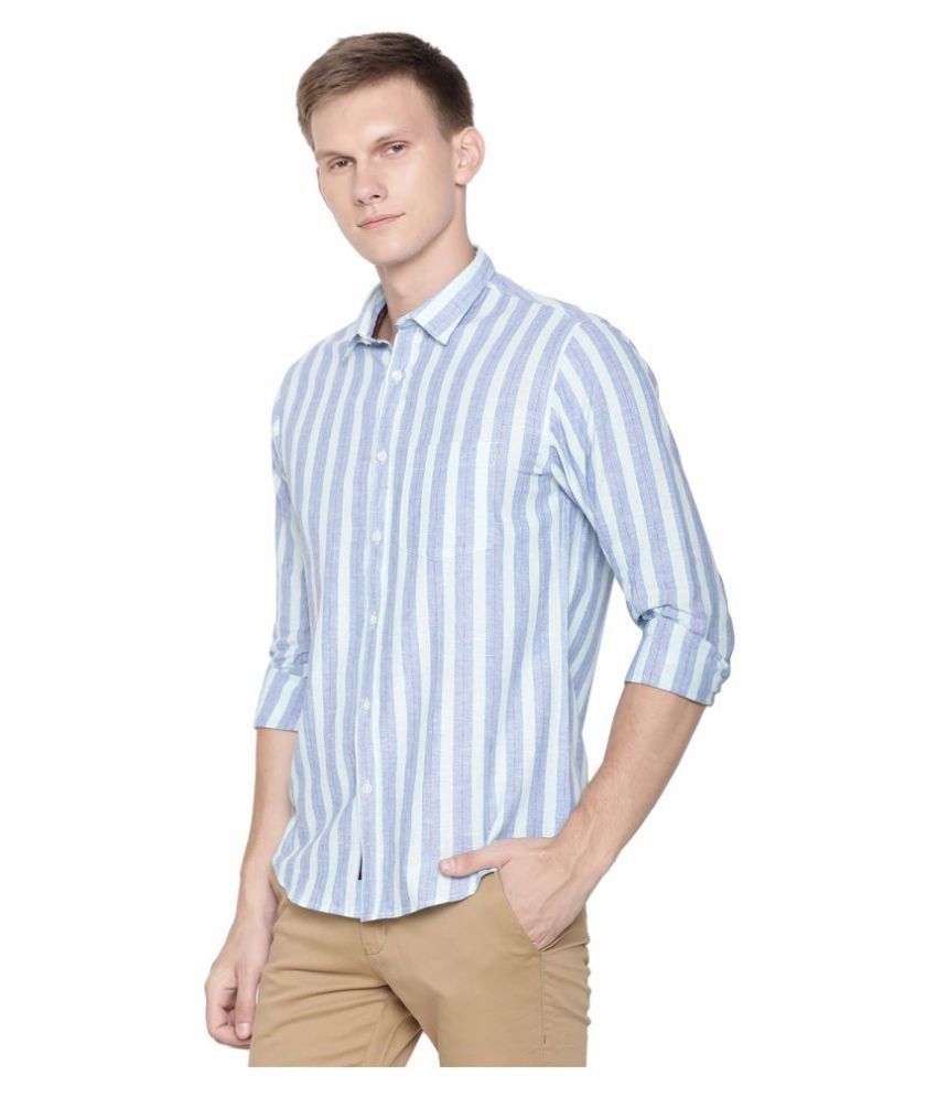 CAVALLO by Linen club Linen Turquoise Stripes Shirt - Buy CAVALLO by ...