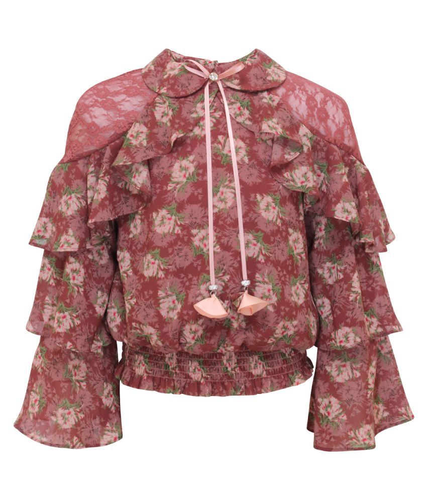 Cutecumber Maroon Georgette Round Neck 