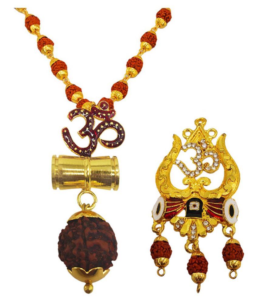 Shiv Jagdamba Religious Jewellery Om Trishul Damru Gold Brown Brass Wood Pendant with Rudraksha