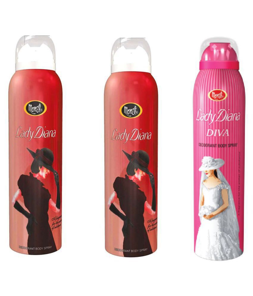     			Monet Lady Diana And Lady Diva Deodorant Body Spray 150 ml Each Pack Of 3 Ideal For Men And Women
