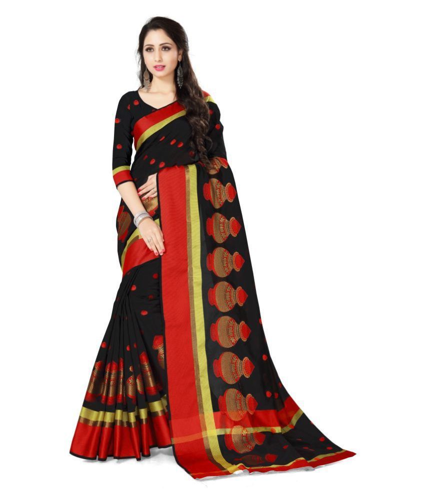     			FABMORA Black Cotton Silk Saree