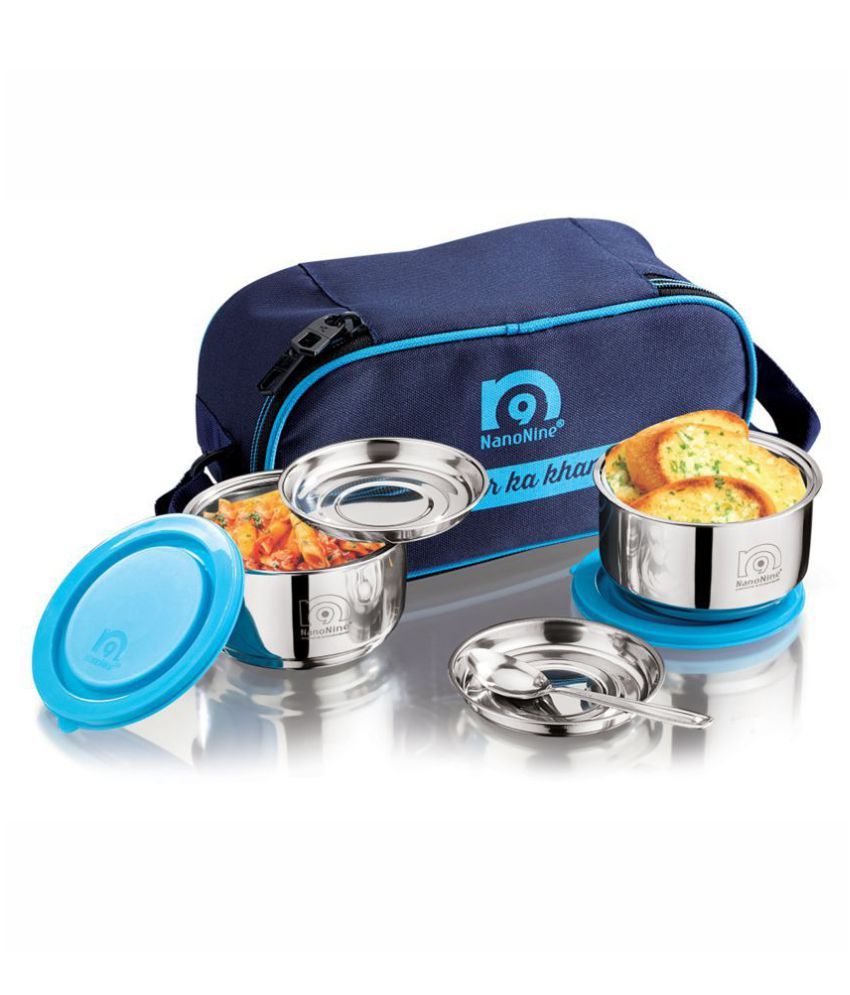     			Nanonine Mid Day Double Wall Stainless Steel Insulated Lunch Box With Plate, Small Plus, Set Of 2, 260 Ml Each ,Blue Bag