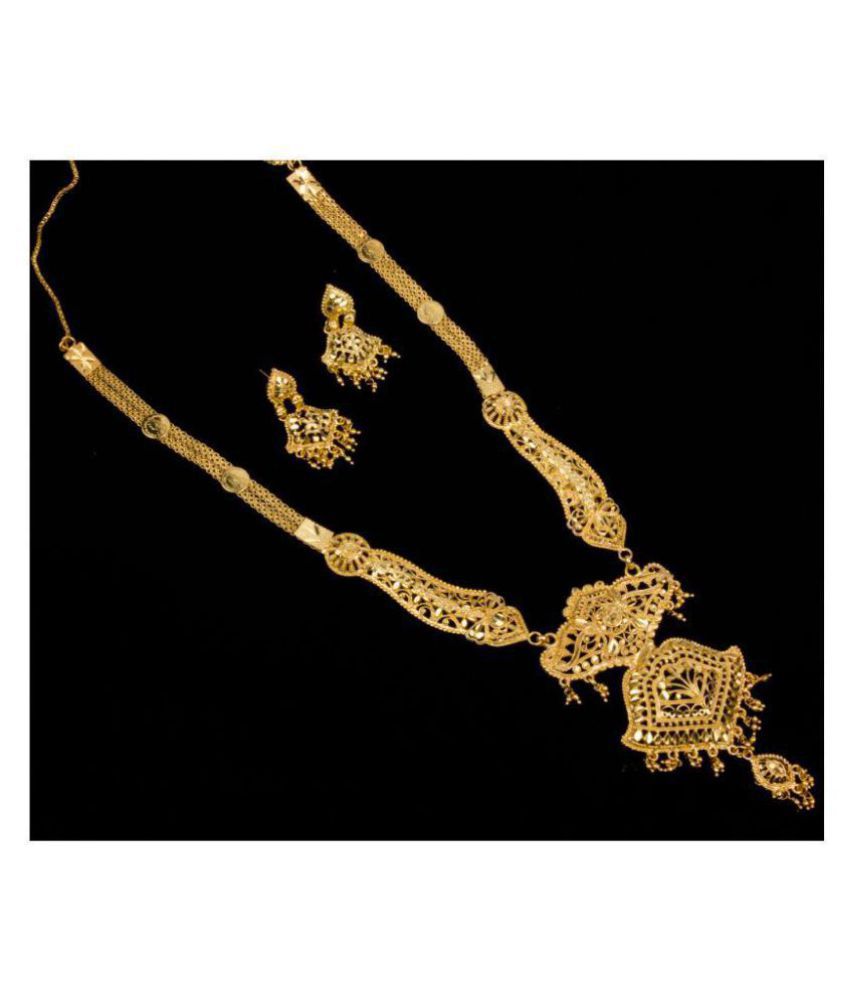     			Piah Brass Golden Long Haram Traditional High Gold Plated Necklaces Set