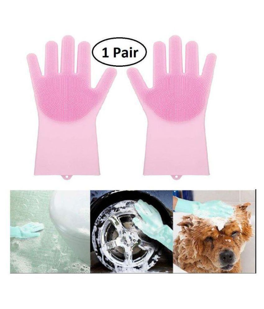 Perfect Pricee Silicon Brush Gloves Rubber Universal Size Cleaning Glove 2 Gloves
