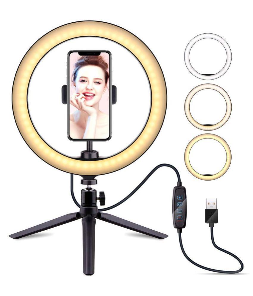Powsure 10 LED Ring Light with Tripod Stand & Phone Holder for Selfie Makeup，Live Streaming & YouTube Video Dimmable Desk Ringlight Kit for Photography with 3 Light Modes&10 Brightness Level 