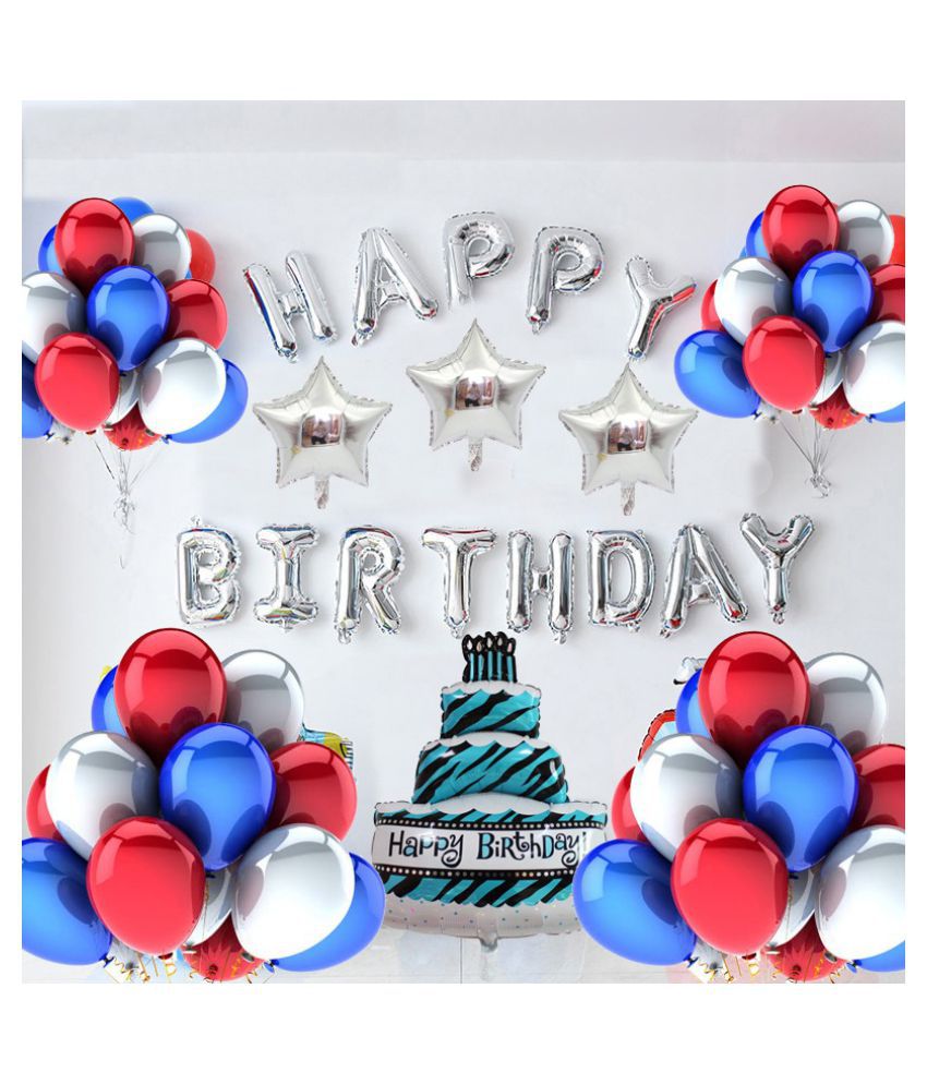    			Happy Birthday Silver Foil (16 Inch)+ 50 pcs Metallic Balloons (Red, Blue)(12 Inchs)+ 3 Star(10 inchs)+ 1 Cake Foil Balloon(2.5 Feet) for happy birthday decoration item, birthday balloon decoration combo for Boys, Girls, Kids, husband and Wife..