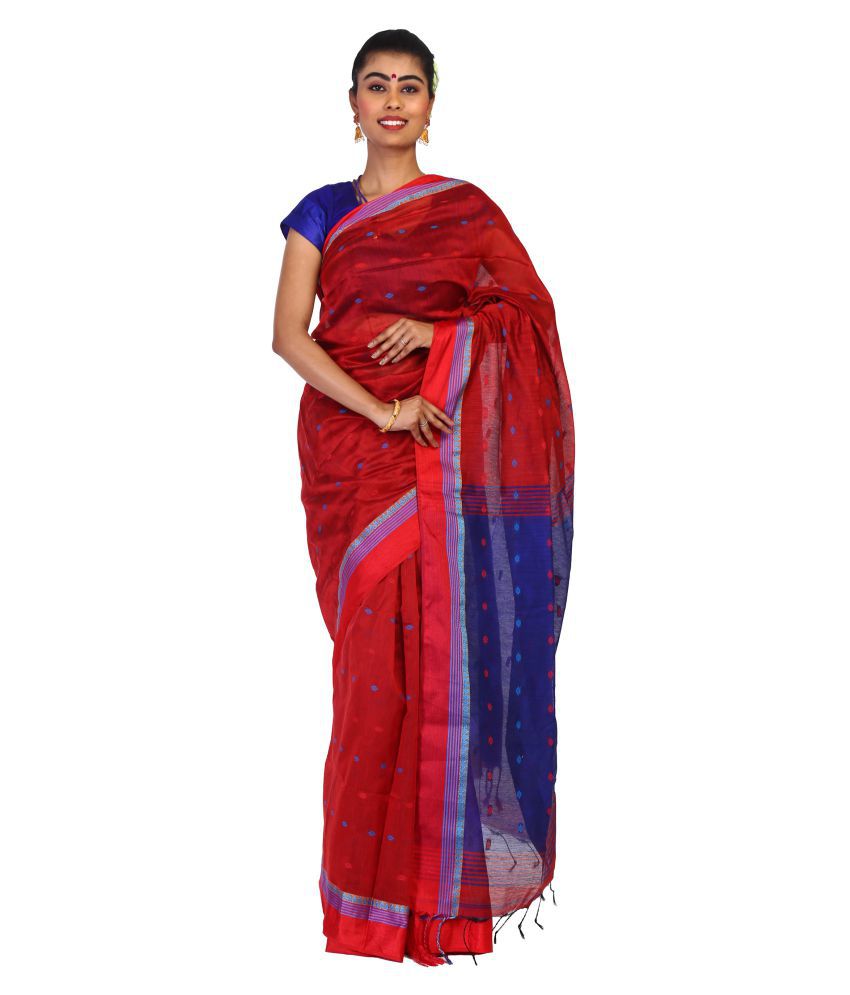 Sanrocks Global Fashions Blue,Red Bengal Handloom Saree