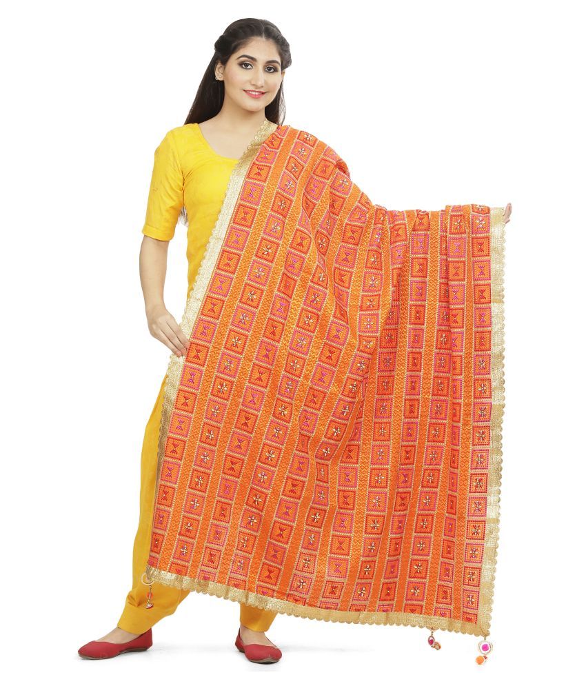     			SAHEJ SUITS Orange Chiffon Hand Embroidered Dupatta