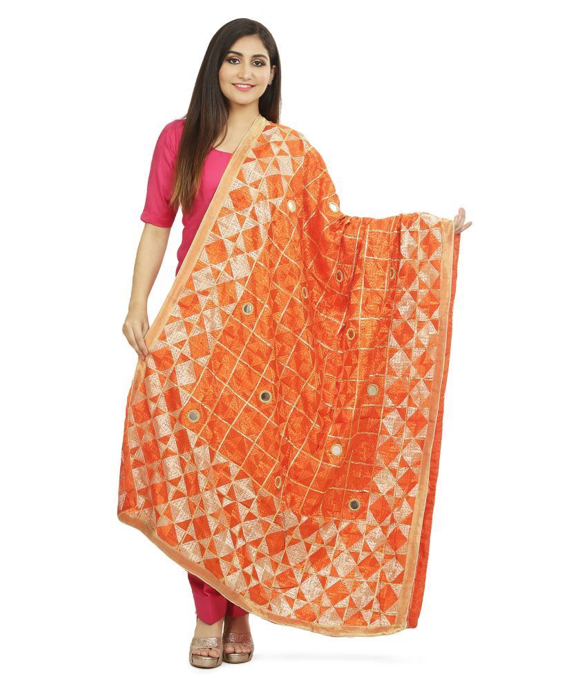     			SAHEJ SUITS Orange Chiffon Hand Embroidered Dupatta