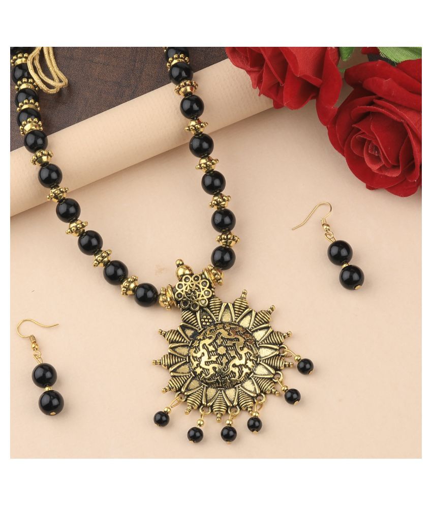     			SILVERSHINE Designer Adjustable Gold Oxidised Pendant Black Pearl mala set for Women girl