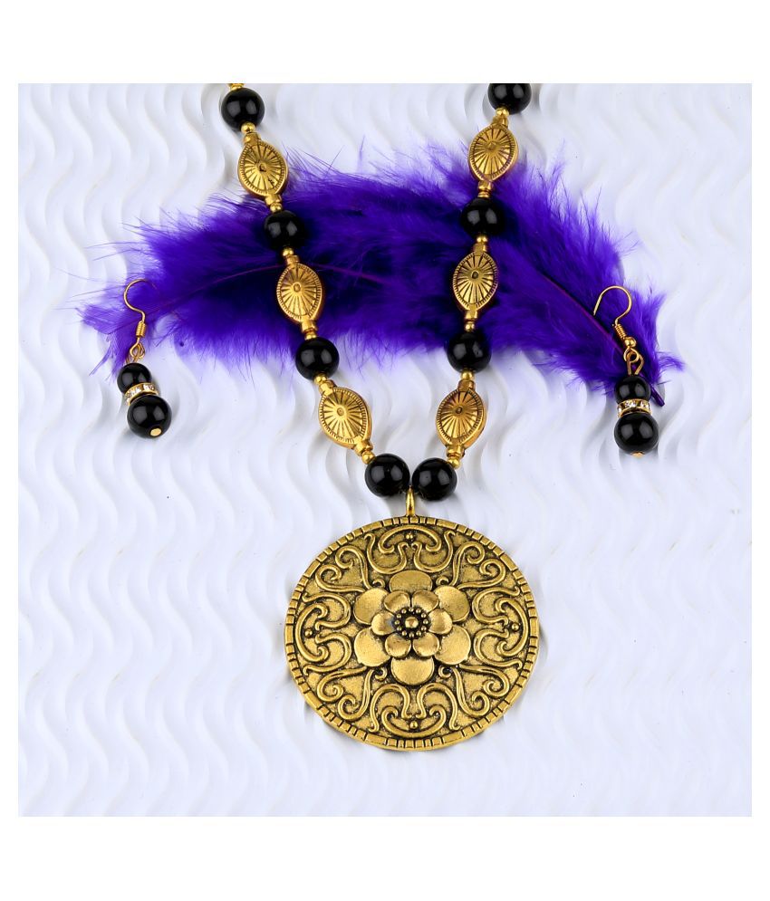     			SILVERSHINE Stylish Designer Mala  Adjustable Gold Oxidised Big Pendant Black Pearl set for Women girl