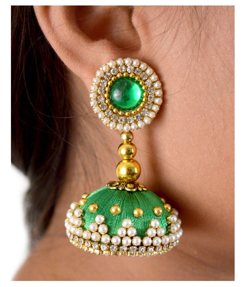 Silk Thread Jhumka-Drop Earring Green Glossy Finish Beaded Earrings For ...