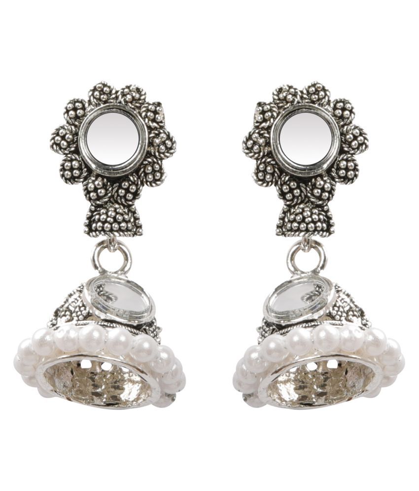     			Silver Shine Stunning White Mirror with Beads Jhumki Earrings