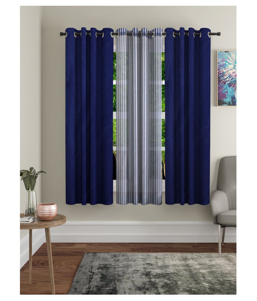 Home Sizzler Set of 3 Window Semi-Transparent Eyelet Polyester Curtains Blue