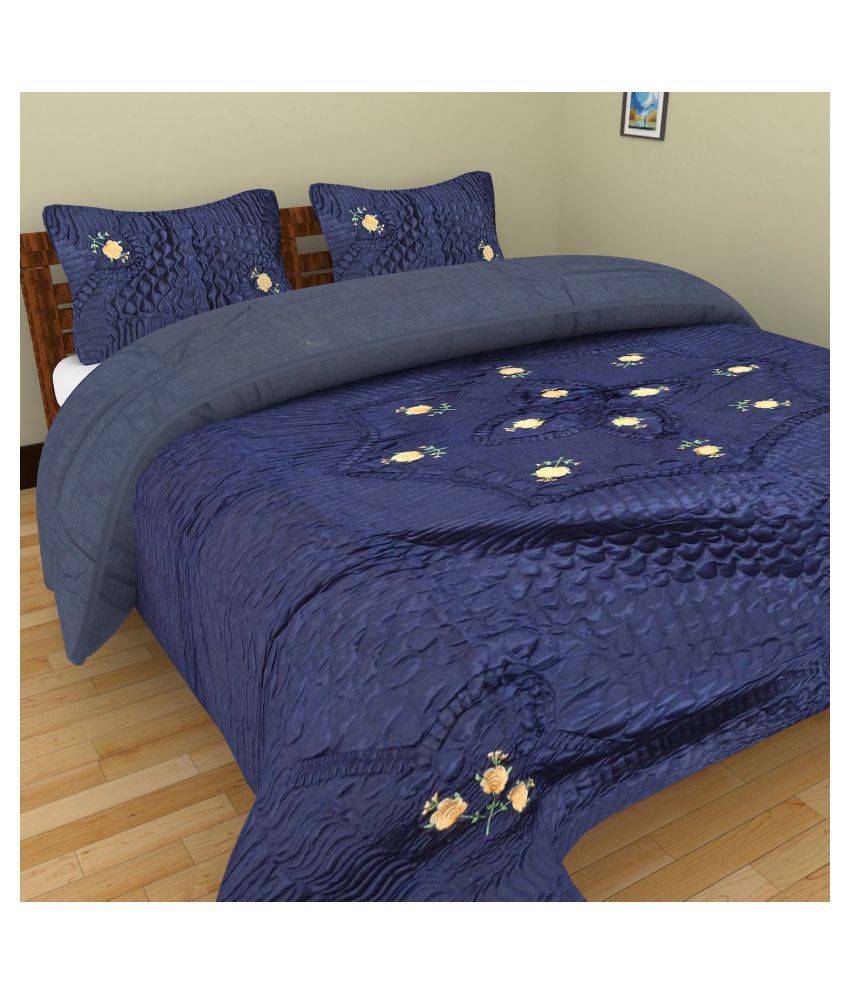 Quilt N Razai Double Satin Plain Dark Blue Floral Bedding Set