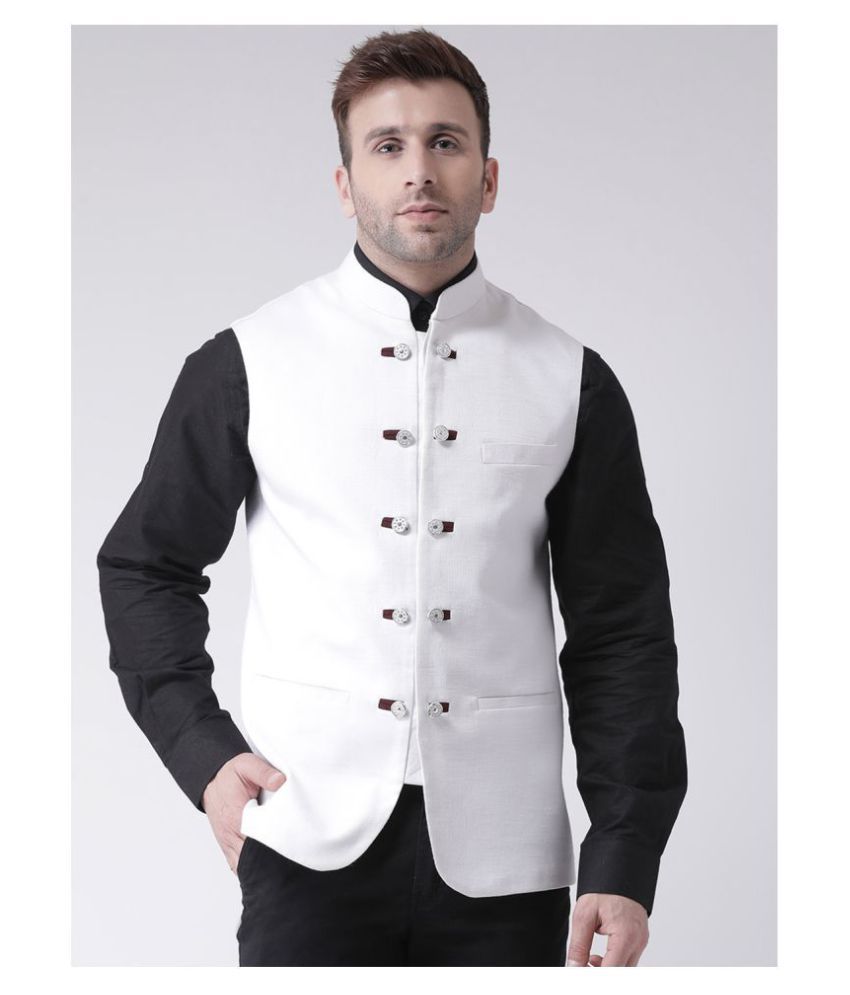     			Hangup White Cotton Blend Nehru Jacket