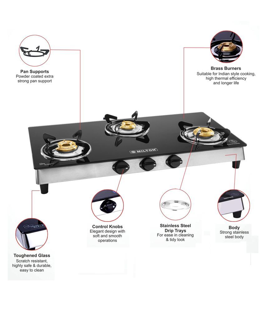 Milton Sapphire Full Size 3 Burner Stainless Steel Gas Stove With