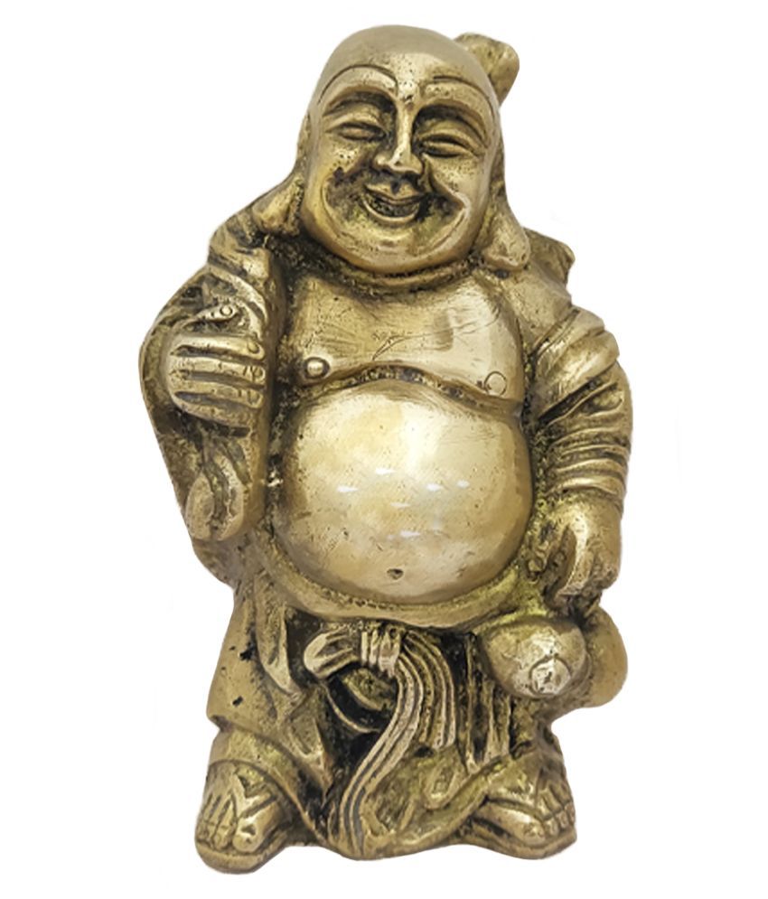 Divya Mantra Laughing Buddha Statue Feng Shui Happy Man Brass Buddah  Figurine Holding Wealth Bag &