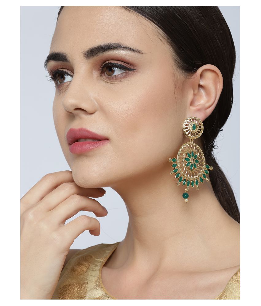 Priyaasi Traditional Green Coloured Stone Gold Plated Drop Earrings for ...