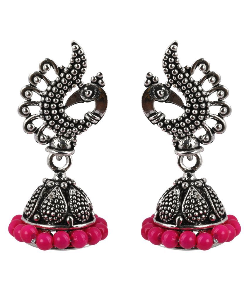    			Silver Shine Attractive Pink Beads in Peacock Shape Jhumki Earrings