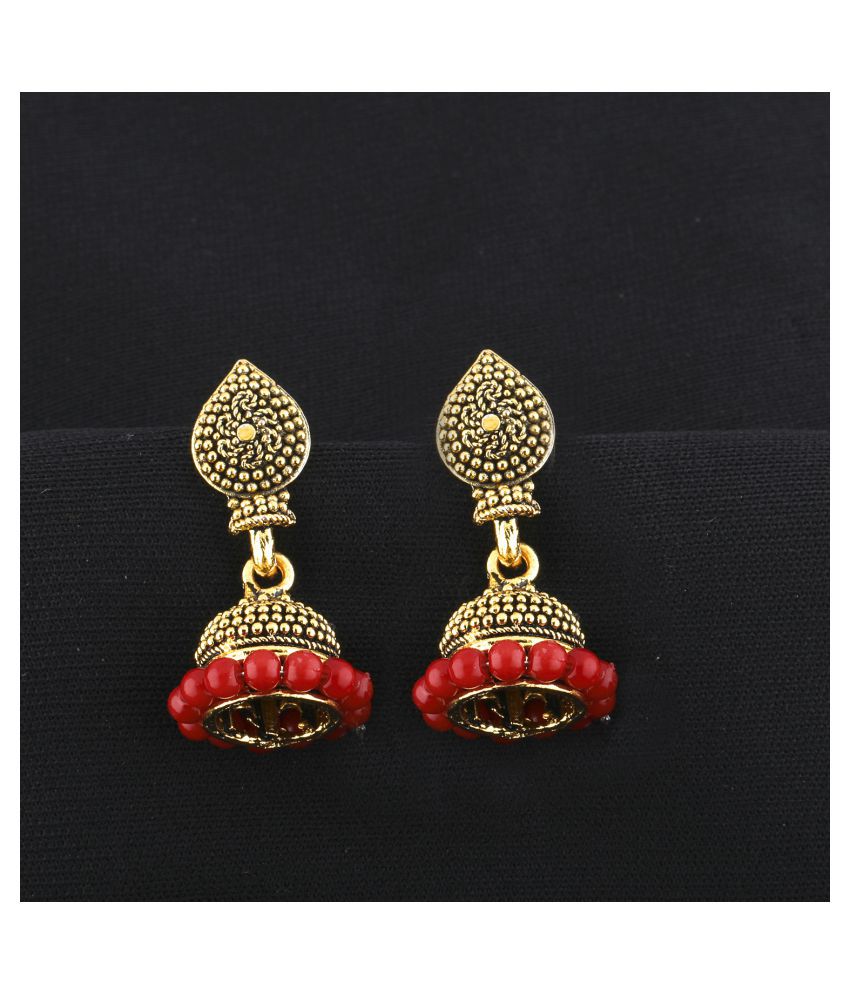     			Silver Shine Graceful Red Beads with Golden Dots  Jhumki Earrings