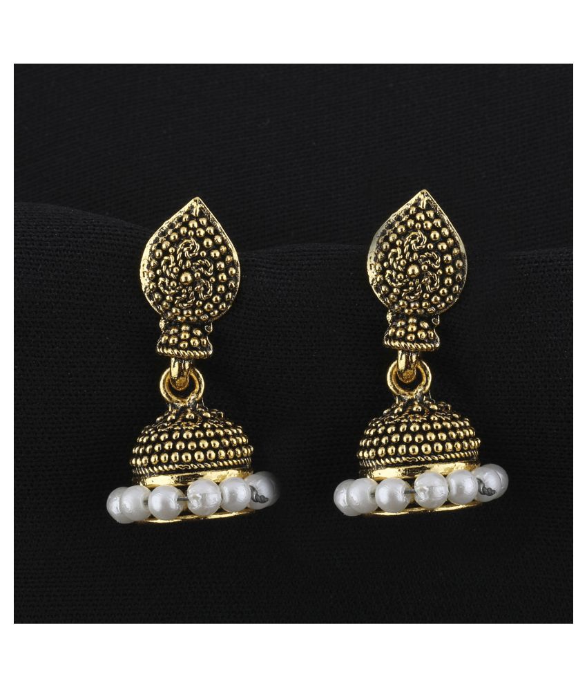     			Silver Shine Lovely White Beads with Golden Dots  Jhumki Earrings