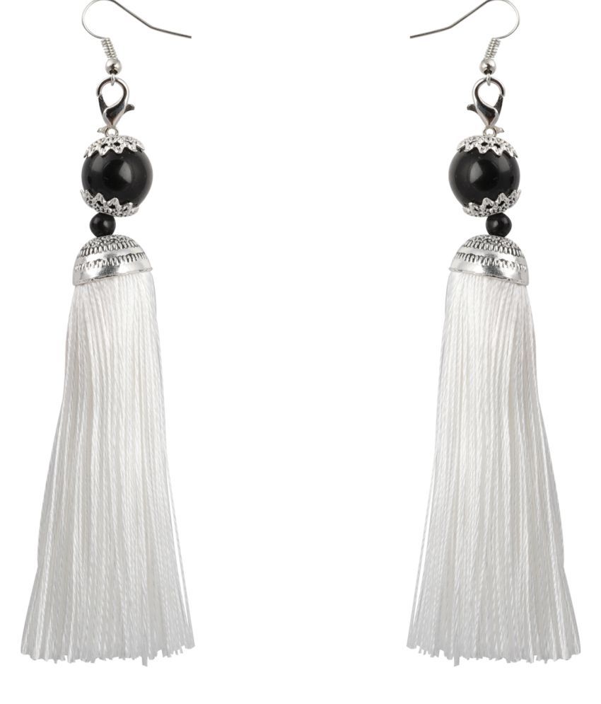     			Silver Shine Spunky White Long Thread Tassel Earrings for Women