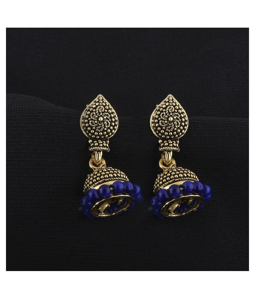     			Silver Shine Stunning Blue Beads with Golden Dots  Jhumki Earrings