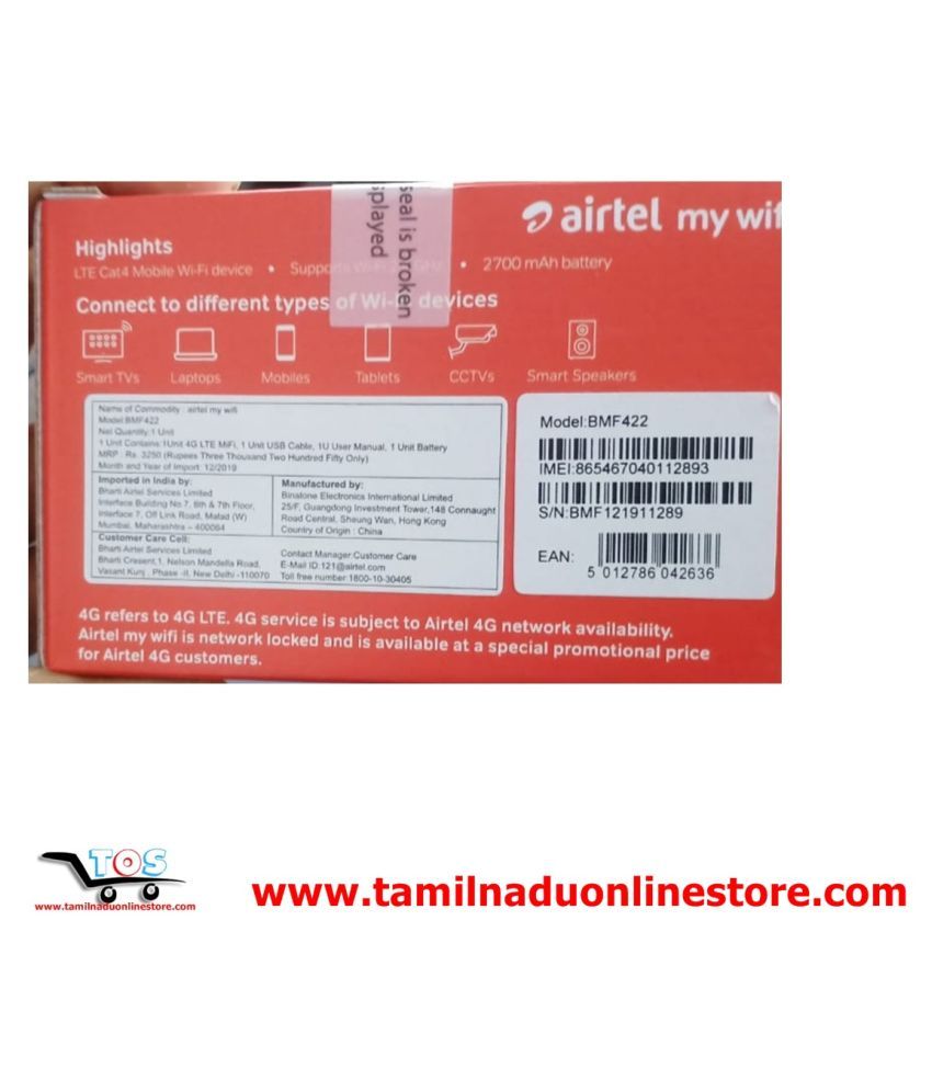 Airtel 4G LTE Hotspot BMF422 Portable WiFi Data Card (Black) (Support